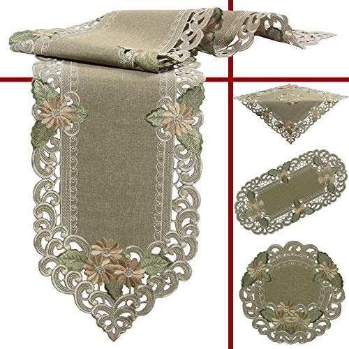 Quinnyshop Tischaufleger Tisch-Deckchen Leinen-Optik Blumen Stickerei ca. 20 cm Rund Polyester, Grün-Beige