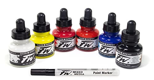 Daler-Rowney FW Acrylic Ink Bottle 6-Color Primary Set with Empty Marker -