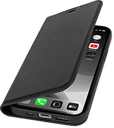 WIIUKA Hülle für iPhone 14 Pro, Leder aus Deutschland, mit Kartenfach, extra Dünn, Handyhülle mit Standfunktion, Tasche Schwarz