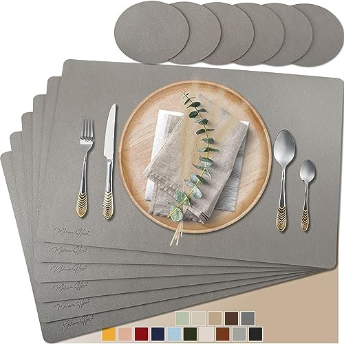 Mahewa® 6er Set Premium Tischset aus Kunstleder - Platzset abwaschbar und wasserdicht - Platzdeckchen Telleruntersetzer in Lederoptik (Silber/Hellgrau, Eckig)
