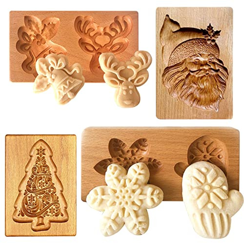 4 stampi in legno per biscotti intagliati in legno stampo per biscotti fai da te stampini per biscotti stampini per biscotti divertenti stampi per goffratura 3D per utensili da forno natalizi
