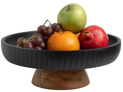 LAVAUK Mango Wood Fruit Bowl, Decorative Black Bowl with Natural Finish Pedestal | 12 Dia | Dual Tone Look | Use as Centerpiece for Kitchen Counter or Dining Table (Black)