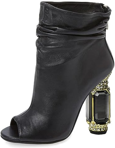 FSJ Women Stylish Peep Toe Slouch Ankle Boots Chunky Stacked Heels Party Prom Nightclub Evening Wedding Dress Shoes Size 10 Black Crystal Heel