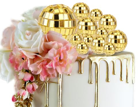 12pz Disco Ball Topper per Cupcake, 4 Dimensioni Dorato Toppers per Torta a Tema Discoteca Palla da Discoteca Torta Accessori per Dessert per Torta di Compleanno Bomboniera a Tema Anni '70