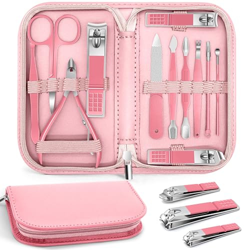 BLESWIN Manicure Pedicure Set, 12 Pcs Nail Care Kit for Women, Mens Nail Grooming Kit, Manicure & Pedicure Tools & Accessories, Pink Nail Kit Manicure Set Luxury Leather Case for Home Salon Use