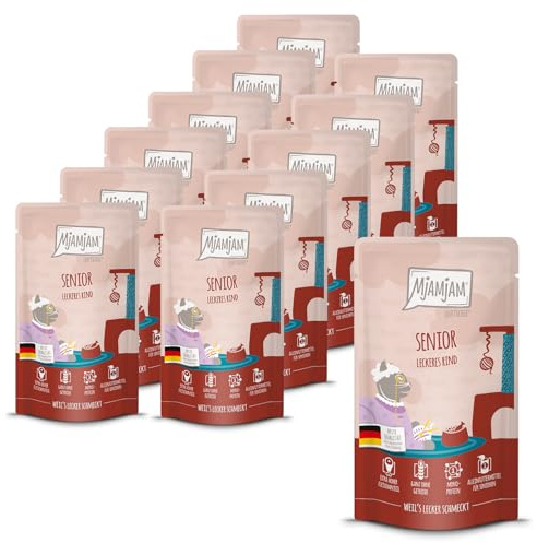 MjAMjAM - Premium Nourriture Humide pour Chats - Quetschieschie - Senior - Bœuf délicieux, Paquet de 12 (12x125g), sans céréales