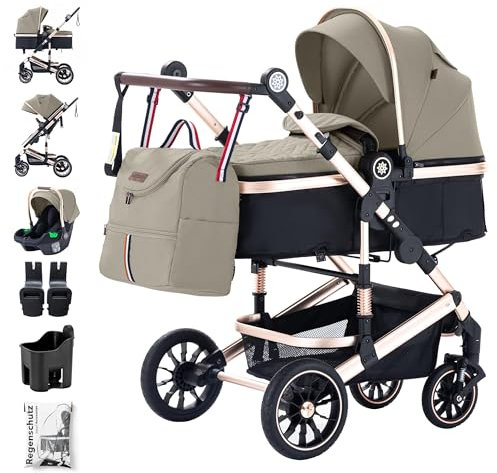 Daliya® NEOMOVE 3in1 Kinderwagen, Buggy & i-Size Babyschale | Alu-Rahmen | Reisekinderwagen & Sportwagen | Großer Einkaufskorb | Stadt & Gelände (Gold-Beige)