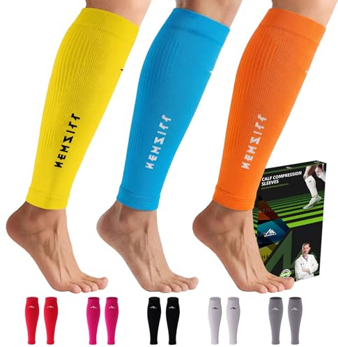 NEWZILL Calf Compression Sleeve for Men & Women | Footless Compression Socks for Shin Splint Relief, Varicose Veins | Leg Sleeve for Running, Travel, Nursing, Fitness (Orange/Yellow/Blue 3Pairs L/XL)