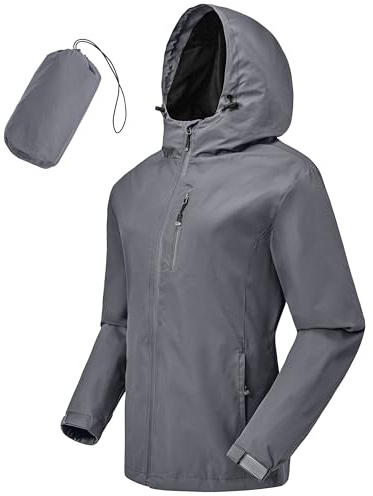 Tyhengta Waterproof Jackets Women Packable Hooded Rain Coats Windproof Hiking Camping Jacket Functional Raincoat with Pocket Grey,M