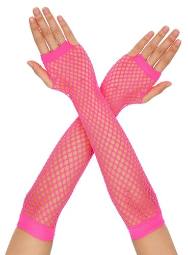 Yolev Netzhandschuhe Rosa, Lange Fingerlose Fishnet Handschuhe Damen, Vintage Netz Handschuhe Damen, Stretch Netzhandschuhe, für 80er-Jahre-Kostümparty und Halloween-Cosplay-Zubehör