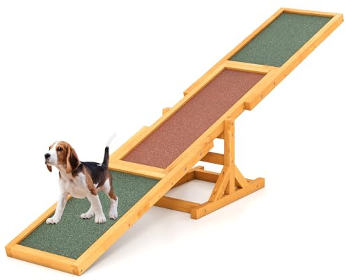 COSTWAY Hundewippe Holz, Hunde Agility Wippe, Outdoor Hundesport für Balance-Training, für kleine & große Hunde bis 60 kg, wetterfestes Spielset, 179 x 30 x 55 cm (Gelb)