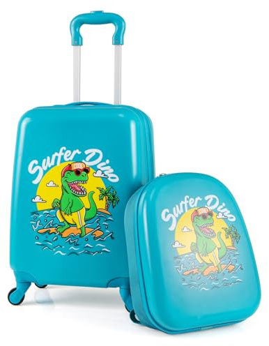 COSTWAY Kids Suitcase, 2Pcs Luggage Backpack Set with Wheels, Telescopic Handle, Airline Approved Carry-on Children Travel Suitcase for Holidays, Sleepovers, School Trips (Dinosaur)