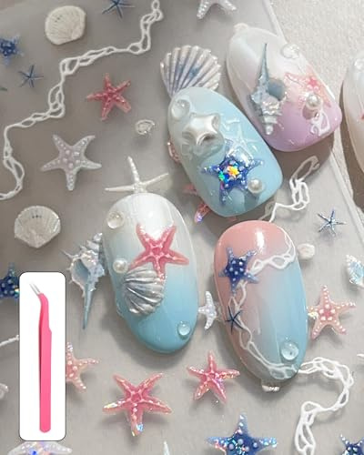 lulir Pegatinas para Uñas Relieve - Conchas Marinas Azules, Pegatinas Uñas Verano, Nail Stickers Uñas, Decoración de Uñas para Manicura DIY y Salón Con Pinzas (Conchas, Estrellas de Mar)