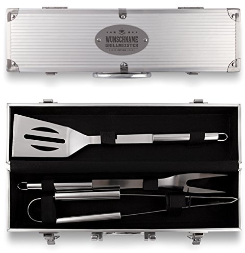 Grillkoffer 3-teilig Grillbesteck Edelstahl Grill Set mit Gravur - Grillmeister