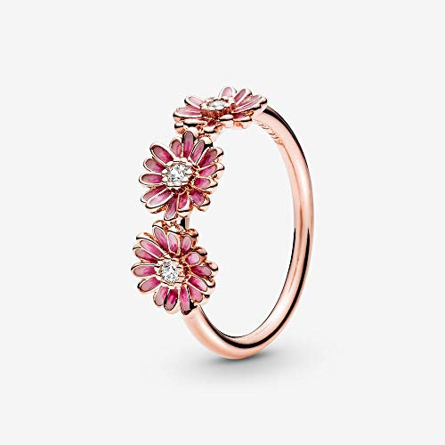 Pandora Garden Bague Trio de Marguerites Rose en métal plaqué or rose 14 carats avec zircones cubiques transparentes et émail rose dégradé, taille 52