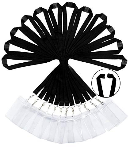 Packung mit 12 strapazierfähigen Polyester Lanyards mit Sicherheitsverschluss & wasserdichten transparenten Kartenhaltern - Verfügbar in Regenbogen-Mix & einfarbigen Farben, Schwarz+Kartenhaltern