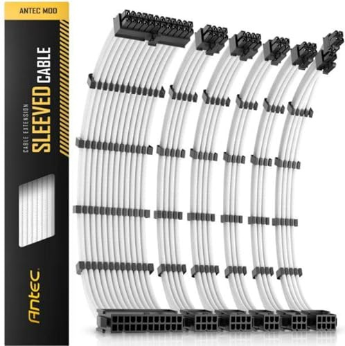 Antec PSU Cables, Sleeved Cable Extension Kit /24pin ATX /4+4pin EPS /8-pin PCI-E /6pin PCI-E PSU Extension Cable Kit 30cm Length with Combs, White Connector，White Gray