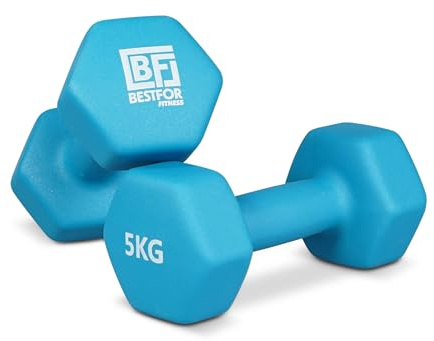 Bestfor Pair of 5kg Hex Anti Roll Non Slip Neoprene Dumbbell Weights For Exercise, Fitness, Workouts, Lifting with Exercise Chart