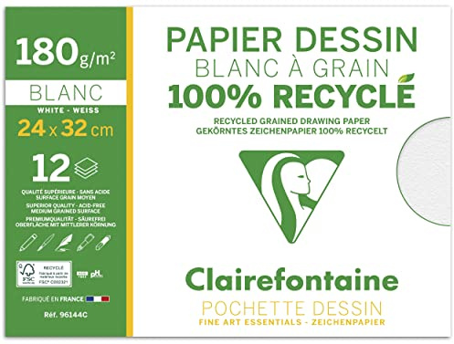 Clairefontaine 96144C - Pochette Dessin Scolaire - 12 Feuilles Papier Dessin Blanc à Grain 100% Recyclé - 24x32 cm 180g - Idéal pour les Arts Plastiques