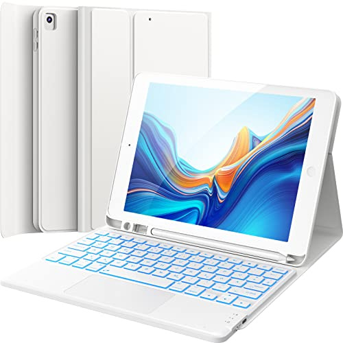 CHESONA Étui de clavier pour iPad 10,2 9/8/7 génération, éclairage 7 couleurs, 2 canaux BT, rechargeable et amovible, clavier QWERTZ blanc