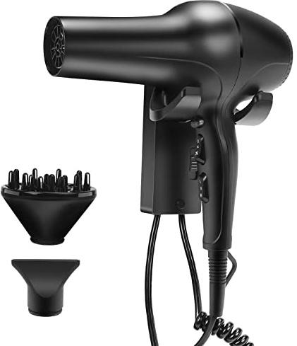 QL Secador de Pelo,Secador Profesional Iónico,1 Difusor y 1 Concentrador,Montaje en Pared,Motor AC 2200W para Hotel,Salón Negro