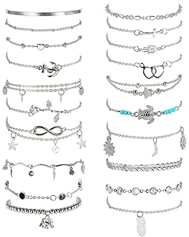 Morfetto 20 Pièces Bracelets de Cheville pour Femmes Ensemble de Cheville de Plage Réglable Bracelet de Cheville de Surfeur Coeur Étoile Tortue Bracelets de Cheville Infinis Bijoux de Pied Argent Doré