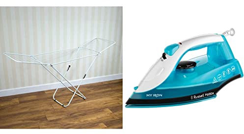 Home Vida Winged Folding Clothes Airer, 18 Metre Drying Space & Russell Hobbs My Iron Steam Iron, Ceramic Soleplate, 260 ml Water Tank