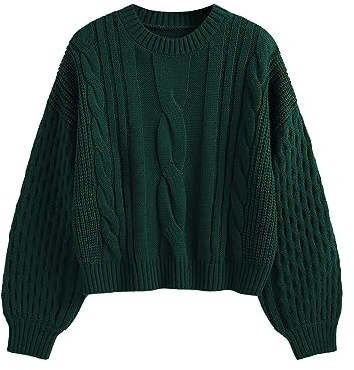 ZAFUL Women's Solid Knit Cable Sweater Casual Long Lantern Sleeve Pullover Crew Neck Knitted Tops Dark Green