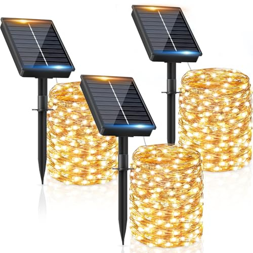 Luci Solari Esterno【3 Pacchi】- 16+2M 160LED Luci Solari da Giardino IP65 Impermeabili Bianco Caldo 8 Modalità, Catena Luci Solari Esterno Decorative Giardino Albero Patio Terrazze Festival Matrimoni