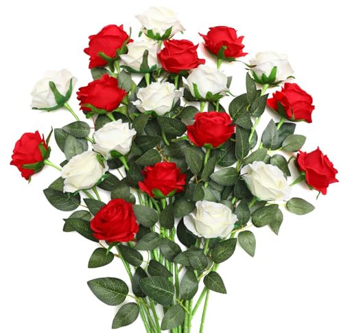 JUSTOYOU 20 PCS Rose Artificial Flower,Double Colour Silk Blooming Rose with Stem,Artificial Rose Bouquet Realistic Flower for Home Table Office Party Wedding Garden Arrangements(red and white)