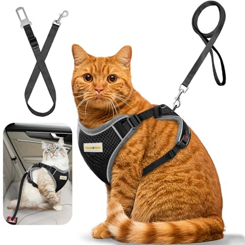 MingXpets Cat Harness and Leash for Walking, Retractable Cat Harnesses and Leash Set Escape Proof, Breathable Soft Kitten Small Large Harness for Travel Training and Walking, Black, M