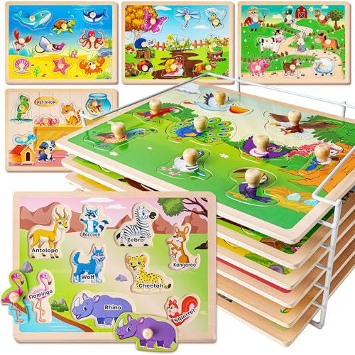 SYNARRY 6 Set Kinder Holzpuzzle ab 1 2 3 Jahre, Montessori Spielzeug Steckpuzzle für Babys Kleinkinder, Tier Lernspielzeug Geschenke für Jungen Mädchen