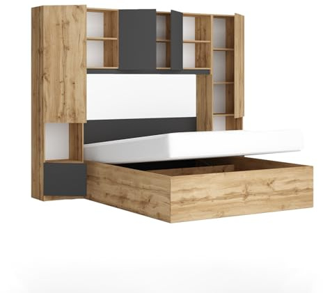 Camera da Letto Matrimoniale Design Moderno Completa con Struttura a Ponte e Letto Contenitore 160x200 cm Set Completo Rovere e Antracite CMG49 (Solo camera)