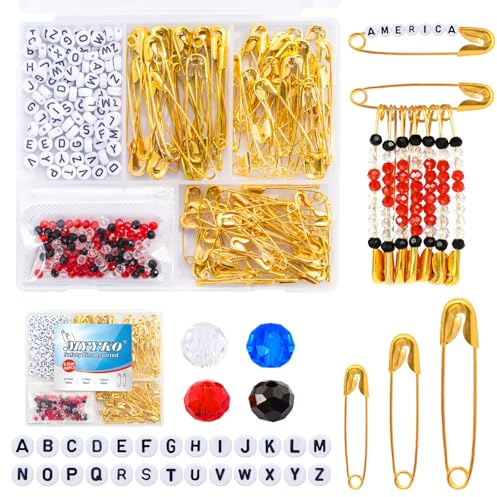 150Pcs Gold Safety Pins 3 Different Sizes, a Total of 300pcs DIY Colored Beads and 78pcs Letter Beads