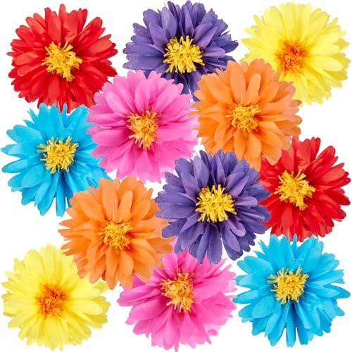 Daisy Tissue Paper Pom Poms,Premium Crepe Paper Flowers,Fiesta Colorful Mexican Paper Flowers,Daisy Wall Decor for Carnival, Wedding, Birthday Party, Baby Shower 12Pcs 14Inch