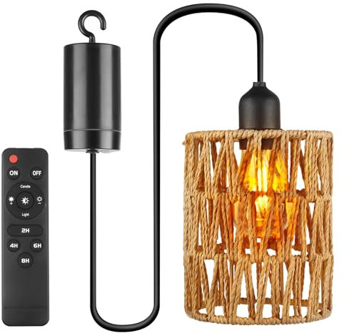 Lámpara de techo de ratán, E27, iluminación exterior con batería, pantalla portátil de ratán, estilo bohemio, lámpara colgante para exteriores, para patio, bar, jardín, terraza, salón, dormitorio