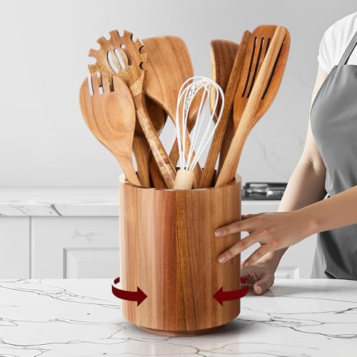 SiliFine 11 Pcs Acacia Wood Kitchen Utensil Set with 360° Rotating Holder
