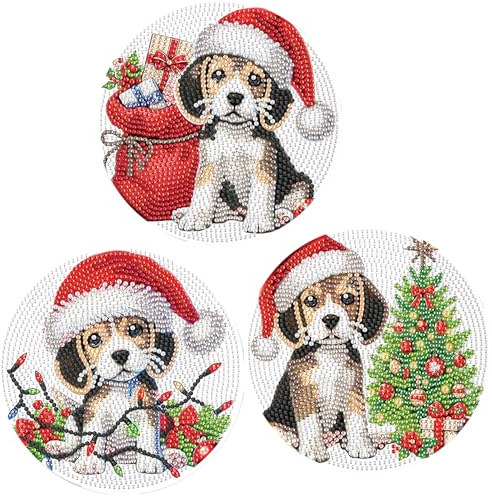 SHEGZHUC 3 Pack Diamond Painting Tableware Mat Place Mat 15 cm Diamond Painting Christmas Dog Placemats Pot Coaster with Non-Slip Plate Mat Table Decoration Place Mats for Bowls Pans Pans
