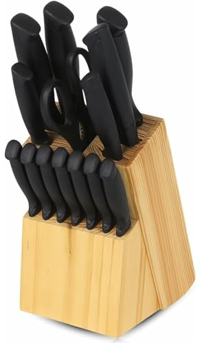 PARENCE.- Juego de cuchillos de cocina de 14 piezas con bloque de madera - hojas de acero inoxidable revestido de negro, cuchillo de chef, pan, bistec + tijeras