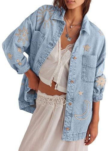 loveimgs Women Retro Boyfriend Embroidered Denim Jacket Button Up Lapel Jean Jacket Shirt Oversized Pocket Baggy Trucker Coat (Large, Light blue)