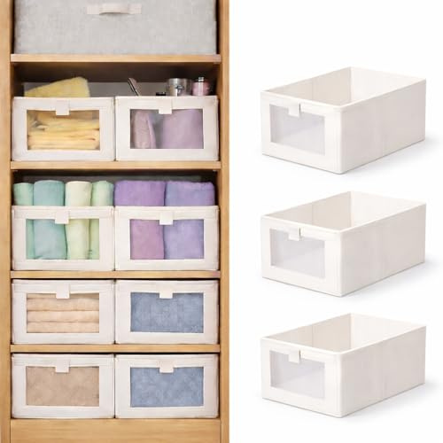Esila Set da 3 Scatole Portaoggetti Pieghevoli in Tessuto con Finestra Trasparente – Organizer per Armadio, Vestiti, Coperte, Giocattoli e Altro