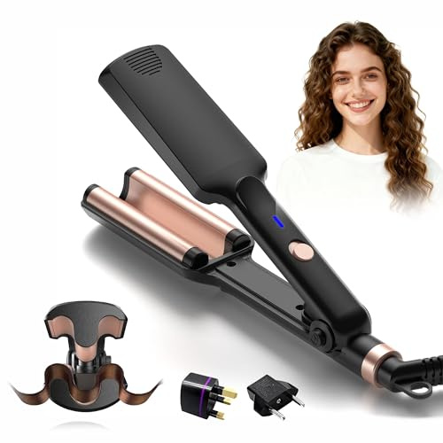 Crimper Hair Tool, Mini Hair Crimper for Women Heating up 390°F, Waver Curling Iron with Europe UK Adapter Plug, Double Voltage Crimping Iron for All Style (9.5 Inch/1.5 Inch)