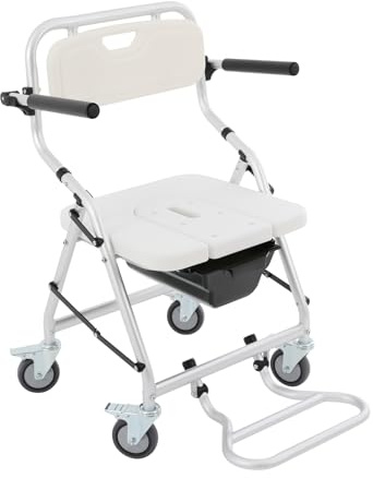 Toalettstol för seniorer med hjul, vikbar toalettstol med sängpanna, mobil toalettstol, toalettrullstol