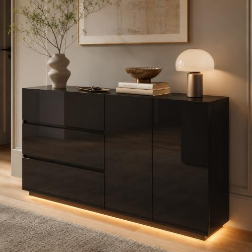 Byrå svart högglans skänk, modern med LED-belysning, 3 lådor, 2 dörrar, 160 cm bred, bufféskåp köksskåp vardagsrumsskåp för sovrum matsal kontor hall, 160 x 35 x 76 cm