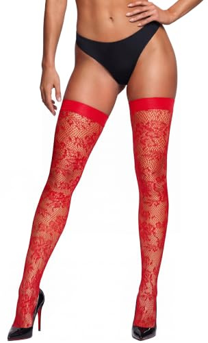 RSLOVE Bas Resille Femme Sexy Bas Autofixants Dentelle à Motif Floral Rouge
