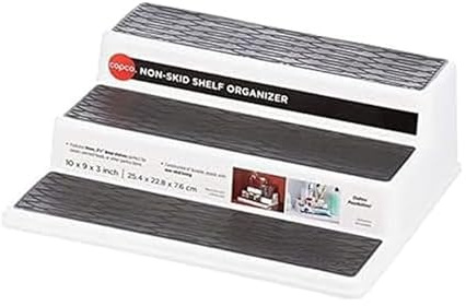 Copco Non-Skid 3-Tier Spice Rack Organizer for Cabinet - 10 Inch Kitchen Pantry Organizer with Raised Rims, White and Gray Step Shelf for Spices, Cans, Jars - Easy Clean Storage Solution