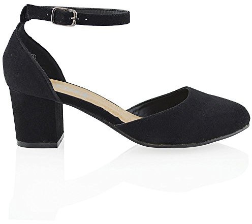 New Womens Low Mid Block Heel Ankle Strap Bucklke Ladies Sandals Court Shoes 7 UK Black Faux Suede