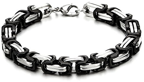 COOLSTEELANDBEYOND Men's Two-tone Stainless Steel Byzantine Link Chain Bracelet with Lobster Clasp, Black and Silver Color, Biker Punk Jewelry Gift