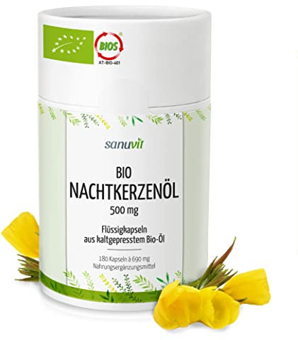 Sanuvit® - BIO Nachtkerzen-Öl 500 mg | 180 Kapseln | reich an Gamma-Linolensäure | Hochdosiert | Hohe Bioverfügbarkeit und Verträglichkeit | Vegan | Hergestellt in Österreich