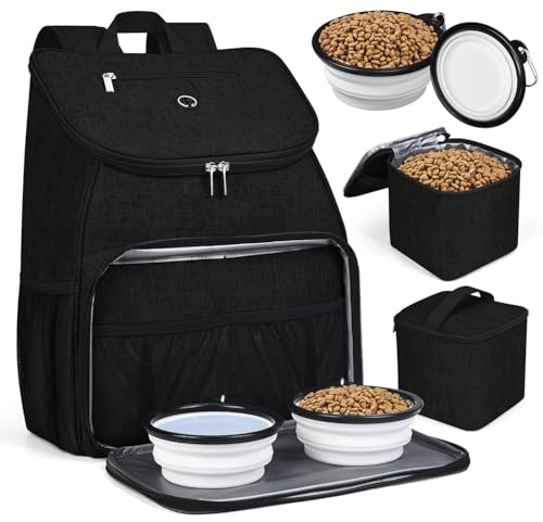 BAGLHER丨Dog Travel Bag, Airline Approved Pet Supplies Backpack, Dog Travel Backpack Accessories Set with 2 Silicone Collapsible Bowls and 2 Food Baskets. Black